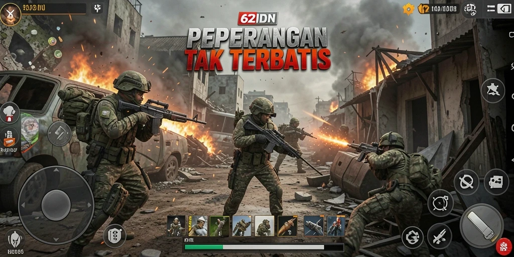 Screenshot gameplay 62IDN menampilkan aksi tembak-menembak yang intens.