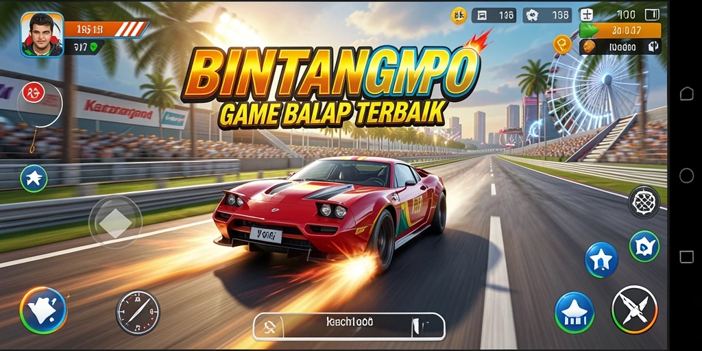 Tampilan gameplay menarik dari BINTANGMPO dengan mobil balap di trek.