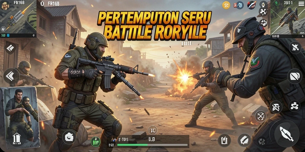 Screenshot FB168 menampilkan aksi pertempuran intens Battle Royale.
