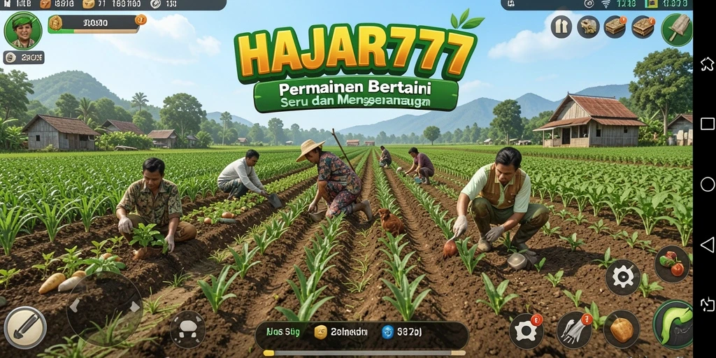 Screenshot utama menunjukkan aktivitas bertani yang seru di HAJAR777.