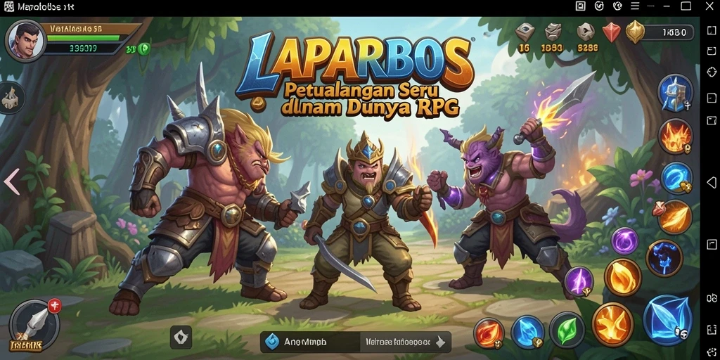Screenshot utama LAPARBOS menampilkan aksi pertarungan yang seru dan karakter unik.